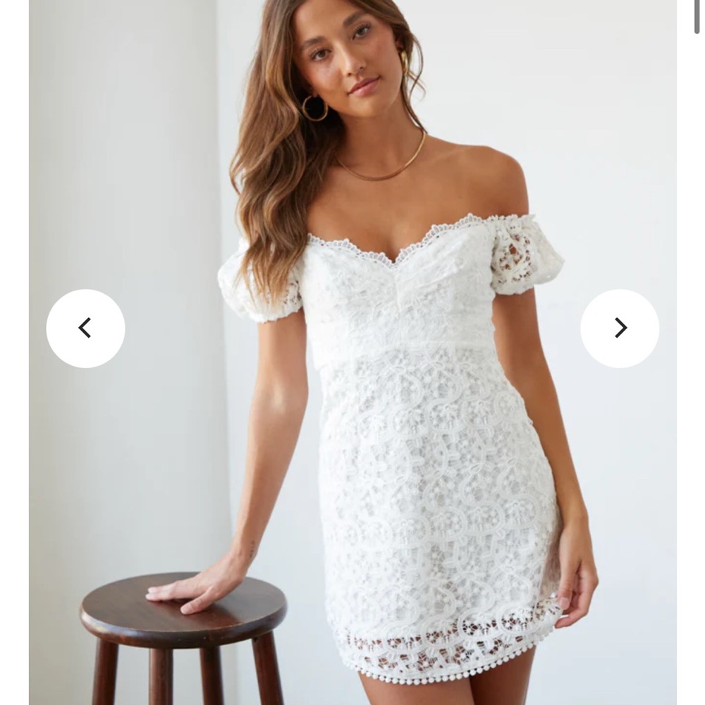 American Threads White Lace Off-Shoulder Mini Dress
